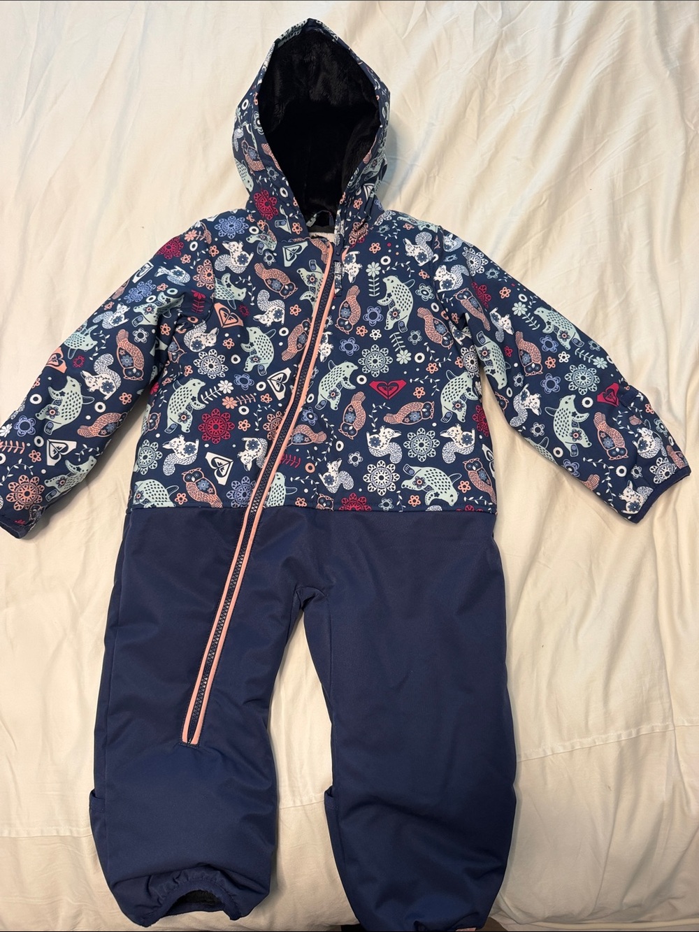 Roxy Kids Swim Navy Floral Bear Print Rash Guard with Pink Zip